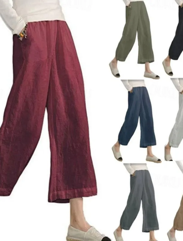 Women's Cotton Linen Pants Slacks Active Casual Ankle-Length Natural Plain Pocket Elastic Waist Outdoor Comfortable Outdoor Vacation Casual Daily Wine Black Army Green Blue Summer Regular Fit