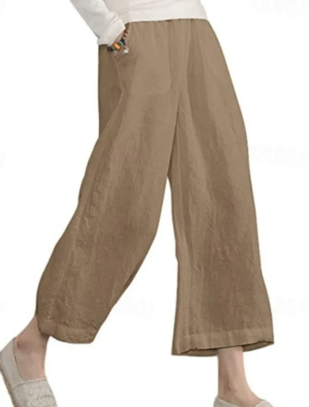 Women's Cotton Linen Pants Slacks Active Casual Ankle-Length Natural Plain Pocket Elastic Waist Outdoor Comfortable Outdoor Vacation Casual Daily Wine Black Army Green Blue Summer Regular Fit
