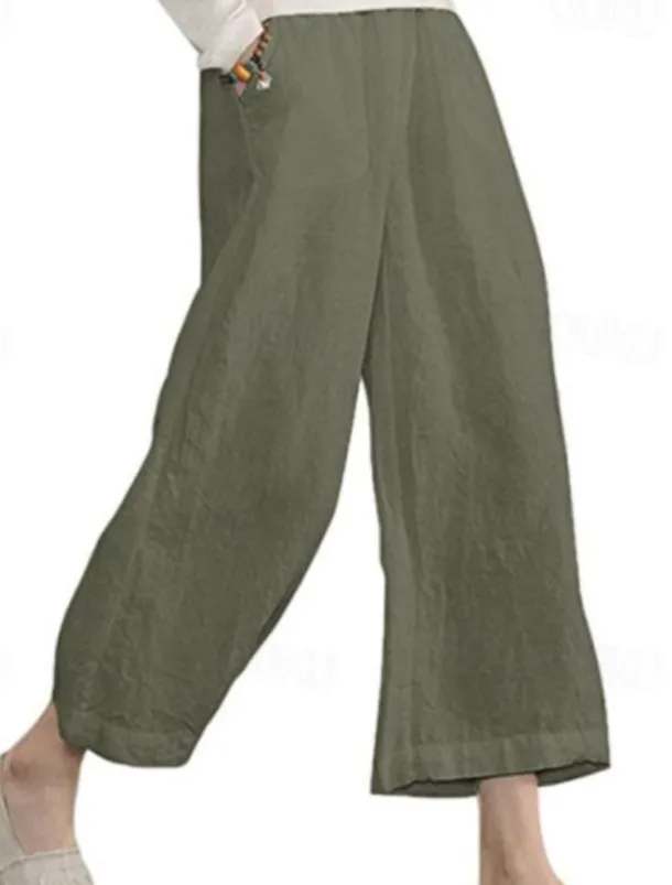 Women's Cotton Linen Pants Slacks Active Casual Ankle-Length Natural Plain Pocket Elastic Waist Outdoor Comfortable Outdoor Vacation Casual Daily Wine Black Army Green Blue Summer Regular Fit