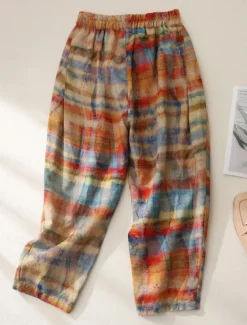 Women's Cotton Linen Pants Chinos Vacation Vintage Fashion Full Length Medium Waist Striped Pocket Drawstring Print Comfort Outdoor Stretchy Vacation Street Causal Brown Summer Spring Regular Fit