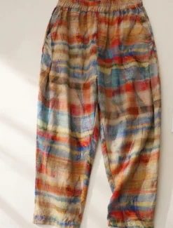 Women's Cotton Linen Pants Chinos Vacation Vintage Fashion Full Length Medium Waist Striped Pocket Drawstring Print Comfort Outdoor Stretchy Vacation Street Causal Brown Summer Spring Regular Fit