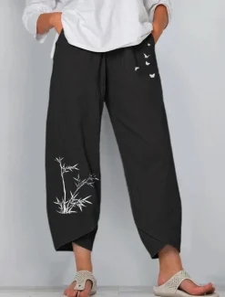 Women's Cotton Linen Pants Pants Trousers Lightweight Casual Ankle-Length Low Rise Graphic Prints Pocket Breathability Comfortable Inelastic Casual Daily Weekend Navy Black ash-colored Summer Spring