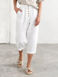 Women's Cotton Linen Pants Chinos Fashion Streetwear Calf-Length High Waist Plain Pocket Elastic Waistband Comfy Soft Comfortable Micro-elastic Outdoor Street Navy-blue White Summer Spring Regular Fit