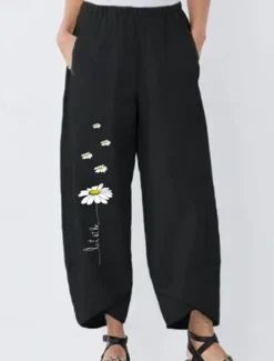 Women's Cotton Linen Pants Pants Trousers Palazzo Pants Fashion Streetwear Comfort Full Length High Waist Flower Elastic Waist Comfy Outdoor Comfortable Street Daily Wear Going out Black Dark navy