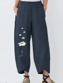 Women's Cotton Linen Pants Pants Trousers Palazzo Pants Fashion Streetwear Comfort Full Length High Waist Flower Elastic Waist Comfy Outdoor Comfortable Street Daily Wear Going out Black Dark navy