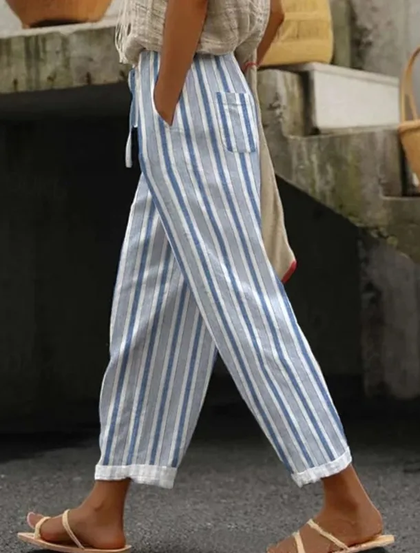 Women's Cotton Linen Pants Pants Trousers Casual Daily Ankle-Length Graphic Striped Drawstring Side Pockets Breathability Comfortable Micro-elastic Weekend Royal Blue Blue Sky Blue Dark Blue Spring