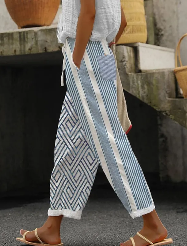 Women's Cotton Linen Pants Pants Trousers Casual Daily Ankle-Length Graphic Striped Drawstring Side Pockets Breathability Comfortable Micro-elastic Weekend Royal Blue Blue Sky Blue Dark Blue Spring