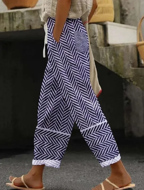 Women's Cotton Linen Pants Pants Trousers Casual Daily Ankle-Length Graphic Striped Drawstring Side Pockets Breathability Comfortable Micro-elastic Weekend Royal Blue Blue Sky Blue Dark Blue Spring