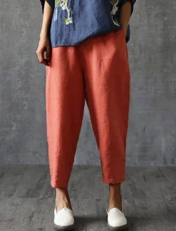 Women's Cotton Linen Pants Pants Trousers Baggy Pants Fashion Streetwear Full Length Mid Waist Plain Pocket Elastic Waist Baggy Breathability Soft Outdoor Micro-elastic Vacation Daily Daily Wear