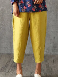 Women's Cotton Linen Pants Pants Trousers Baggy Pants Fashion Streetwear Full Length Mid Waist Plain Pocket Elastic Waist Baggy Breathability Soft Outdoor Micro-elastic Vacation Daily Daily Wear