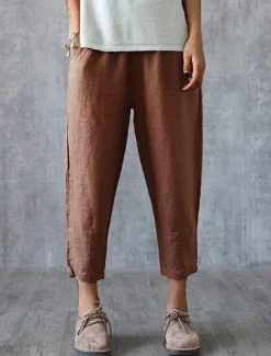 Women's Cotton Linen Pants Pants Trousers Baggy Pants Fashion Streetwear Full Length Mid Waist Plain Pocket Elastic Waist Baggy Breathability Soft Outdoor Micro-elastic Vacation Daily Daily Wear