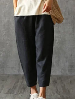 Women's Cotton Linen Pants Pants Trousers Baggy Pants Fashion Streetwear Full Length Mid Waist Plain Pocket Elastic Waist Baggy Breathability Soft Outdoor Micro-elastic Vacation Daily Daily Wear