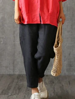 Women's Cotton Linen Pants Pants Trousers Baggy Pants Fashion Streetwear Full Length Mid Waist Plain Pocket Elastic Waist Baggy Breathability Soft Outdoor Micro-elastic Vacation Daily Daily Wear