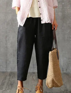 Women's Cotton Linen Pants Pants Trousers Baggy Pants Fashion Streetwear Full Length Mid Waist Plain Pocket Elastic Waist Baggy Breathability Soft Outdoor Micro-elastic Vacation Daily Daily Wear