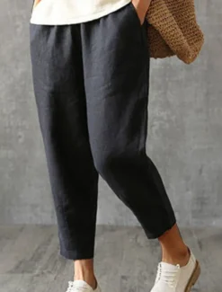 Women's Cotton Linen Pants Pants Trousers Baggy Pants Fashion Streetwear Full Length Mid Waist Plain Pocket Elastic Waist Baggy Breathability Soft Outdoor Micro-elastic Vacation Daily Daily Wear
