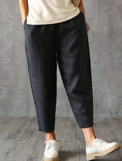 Women's Cotton Linen Pants Pants Trousers Baggy Pants Fashion Streetwear Full Length Mid Waist Plain Pocket Elastic Waist Baggy Breathability Soft Outdoor Micro-elastic Vacation Daily Daily Wear