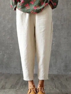 Women's Cotton Linen Pants Pants Trousers Baggy Pants Fashion Streetwear Full Length Mid Waist Plain Pocket Elastic Waist Baggy Breathability Soft Outdoor Micro-elastic Vacation Daily Daily Wear