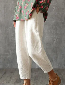Women's Cotton Linen Pants Pants Trousers Baggy Pants Fashion Streetwear Full Length Mid Waist Plain Pocket Elastic Waist Baggy Breathability Soft Outdoor Micro-elastic Vacation Daily Daily Wear