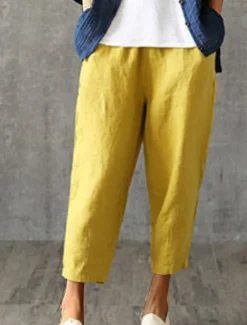 Women's Cotton Linen Pants Pants Trousers Baggy Pants Fashion Streetwear Full Length Mid Waist Plain Pocket Elastic Waist Baggy Breathability Soft Outdoor Micro-elastic Vacation Daily Daily Wear