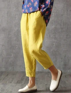 Women's Cotton Linen Pants Pants Trousers Baggy Pants Fashion Streetwear Full Length Mid Waist Plain Pocket Elastic Waist Baggy Breathability Soft Outdoor Micro-elastic Vacation Daily Daily Wear