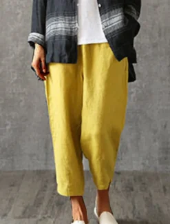 Women's Cotton Linen Pants Pants Trousers Baggy Pants Fashion Streetwear Full Length Mid Waist Plain Pocket Elastic Waist Baggy Breathability Soft Outdoor Micro-elastic Vacation Daily Daily Wear