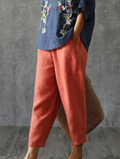 Women's Cotton Linen Pants Pants Trousers Baggy Pants Fashion Streetwear Full Length Mid Waist Plain Pocket Elastic Waist Baggy Breathability Soft Outdoor Micro-elastic Vacation Daily Daily Wear