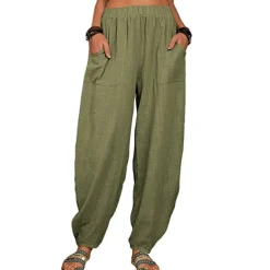 Women's Cotton Linen Pants Baggy Pants Harem Pants Comfort Solid Color Pocket Elastic Waist Causal Black White Army Green Dark Navy Summer Spring Fall
