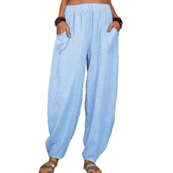 Women's Cotton Linen Pants Baggy Pants Harem Pants Comfort Solid Color Pocket Elastic Waist Causal Black White Army Green Dark Navy Summer Spring Fall