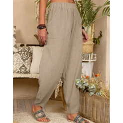 Women's Cotton Linen Pants Baggy Pants Harem Pants Comfort Solid Color Pocket Elastic Waist Causal Black White Army Green Dark Navy Summer Spring Fall