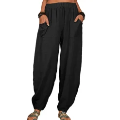 Women's Cotton Linen Pants Baggy Pants Harem Pants Comfort Solid Color Pocket Elastic Waist Causal Black White Army Green Dark Navy Summer Spring Fall
