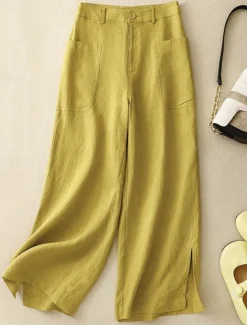 Women's Cotton Linen Pants Wide Leg Chinos Vacation Vintage Fashion Full Length High Waist Plain Pocket Comfort Outdoor Inelastic Vacation Street Daily Yellow Orange Beige Summer Spring Fall Regular