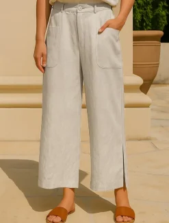 Women's Cotton Linen Pants Wide Leg Chinos Vacation Vintage Fashion Full Length High Waist Plain Pocket Comfort Outdoor Inelastic Vacation Street Daily Yellow Orange Beige Summer Spring Fall Regular