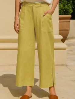Women's Cotton Linen Pants Wide Leg Chinos Vacation Vintage Fashion Full Length High Waist Plain Pocket Comfort Outdoor Inelastic Vacation Street Daily Yellow Orange Beige Summer Spring Fall Regular