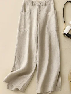 Women's Cotton Linen Pants Wide Leg Chinos Vacation Vintage Fashion Full Length High Waist Plain Pocket Comfort Outdoor Inelastic Vacation Street Daily Yellow Orange Beige Summer Spring Fall Regular