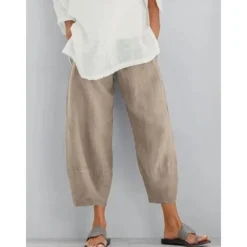 Women's Cotton Linen Pants Pants Trousers Casual Daily Ankle-Length Plain Side Pockets Elastic Waistband Breathability Comfortable Inelastic Weekend Black Dark navy Khaki Gray Spring & Summer Regular