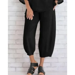 Women's Cotton Linen Pants Pants Trousers Casual Daily Ankle-Length Plain Side Pockets Elastic Waistband Breathability Comfortable Inelastic Weekend Black Dark navy Khaki Gray Spring & Summer Regular