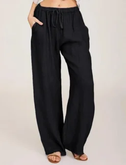 Women's Cotton Linen Pants Comfort Pure Color Pocket Elastic Waist Breathable Micro-elastic Home Black White Wine Navy Blue Summer