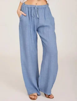 Women's Cotton Linen Pants Comfort Pure Color Pocket Elastic Waist Breathable Micro-elastic Home Black White Wine Navy Blue Summer