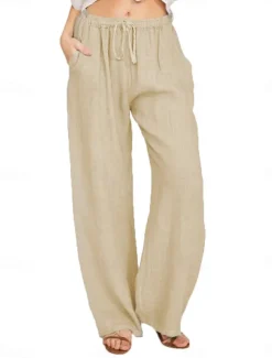 Women's Cotton Linen Pants Comfort Pure Color Pocket Elastic Waist Breathable Micro-elastic Home Black White Wine Navy Blue Summer