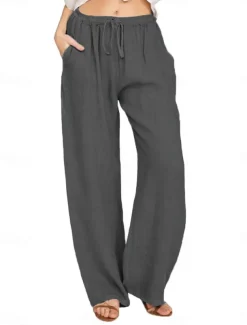 Women's Cotton Linen Pants Comfort Pure Color Pocket Elastic Waist Breathable Micro-elastic Home Black White Wine Navy Blue Summer