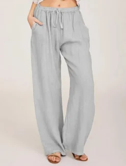 Women's Cotton Linen Pants Comfort Pure Color Pocket Elastic Waist Breathable Micro-elastic Home Black White Wine Navy Blue Summer