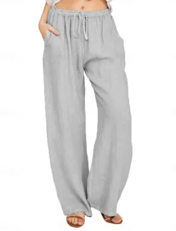 Women's Cotton Linen Pants Comfort Pure Color Pocket Elastic Waist Breathable Micro-elastic Home Black White Wine Navy Blue Summer