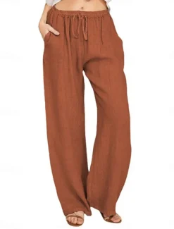 Women's Cotton Linen Pants Comfort Pure Color Pocket Elastic Waist Breathable Micro-elastic Home Black White Wine Navy Blue Summer