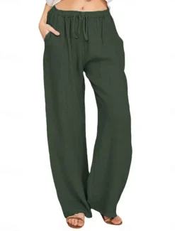 Women's Cotton Linen Pants Comfort Pure Color Pocket Elastic Waist Breathable Micro-elastic Home Black White Wine Navy Blue Summer