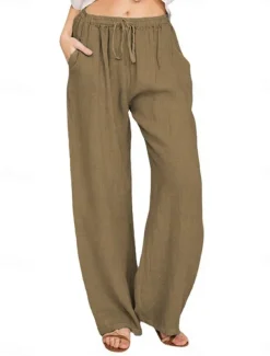 Women's Cotton Linen Pants Comfort Pure Color Pocket Elastic Waist Breathable Micro-elastic Home Black White Wine Navy Blue Summer