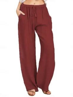 Women's Cotton Linen Pants Comfort Pure Color Pocket Elastic Waist Breathable Micro-elastic Home Black White Wine Navy Blue Summer