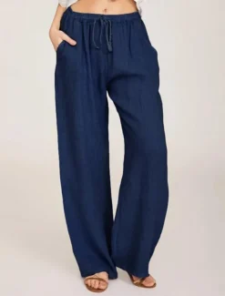 Women's Cotton Linen Pants Comfort Pure Color Pocket Elastic Waist Breathable Micro-elastic Home Black White Wine Navy Blue Summer