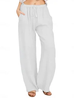 Women's Cotton Linen Pants Comfort Pure Color Pocket Elastic Waist Breathable Micro-elastic Home Black White Wine Navy Blue Summer