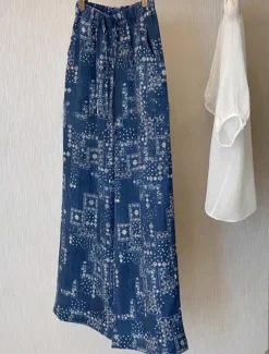 Women's Cotton Linen Pants Wide Leg Chinos Vacation Vintage Ethnic Style Full Length Mid Waist Paisley Drawstring Elastic Waist Comfy Breathability Soft Inelastic Vacation Causal Casual Blue Summer