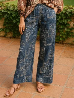 Women's Cotton Linen Pants Wide Leg Chinos Vacation Vintage Ethnic Style Full Length Mid Waist Paisley Drawstring Elastic Waist Comfy Breathability Soft Inelastic Vacation Causal Casual Blue Summer